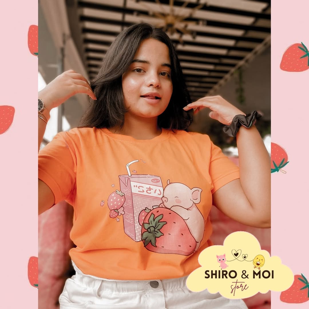 Yellow Piggy & Strawberry Milk Cute Graphic T-shirt