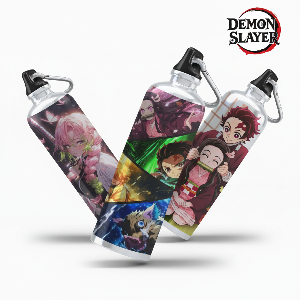 Demon Slayer collection banner featuring three anime-style water bottles
