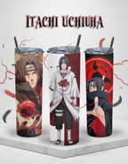 Itachi Uchiha collection banner featuring three anime-style tumblers