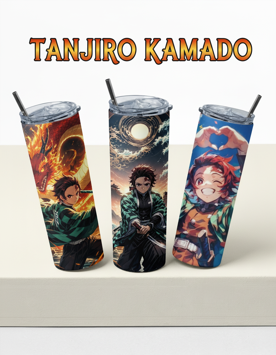 Tanjiro Kamado collection banner featuring three anime-style tumblers