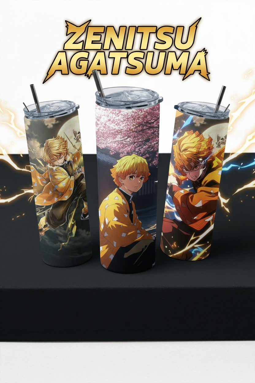 Zenitsu Agatsuma collection banner featuring three anime-style tumblers